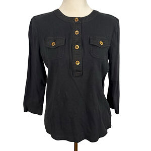 Size M Lauren Ralph Lauren Black 3/4 Sleeve Cotton Gold Buttons Top Shirt